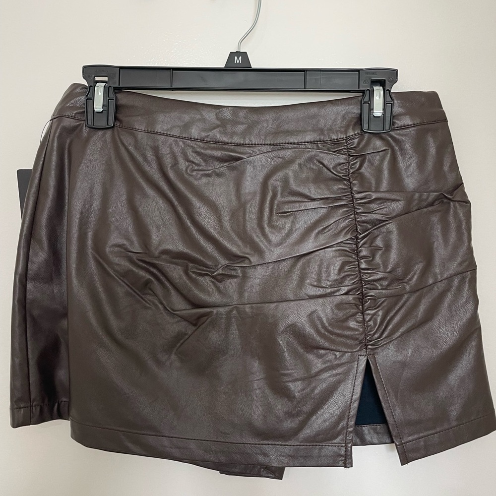 Brown Asymmetrical Ruched Mini Skirt